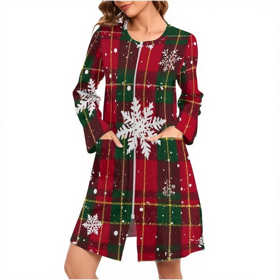 Riecok Zip Front Robes for Women Christmas Long Sleeve Loungewear Snowflake Printed Sleepwear with Pockets