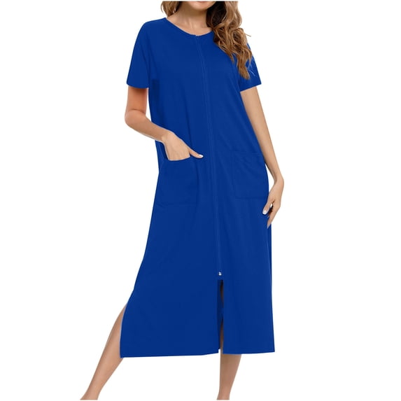 Riecok Zip Front Robes for Women Solid Color Crewneck Raglan Sleeve Loungewear Lightweight Comfortable Sleepwear with Pockets