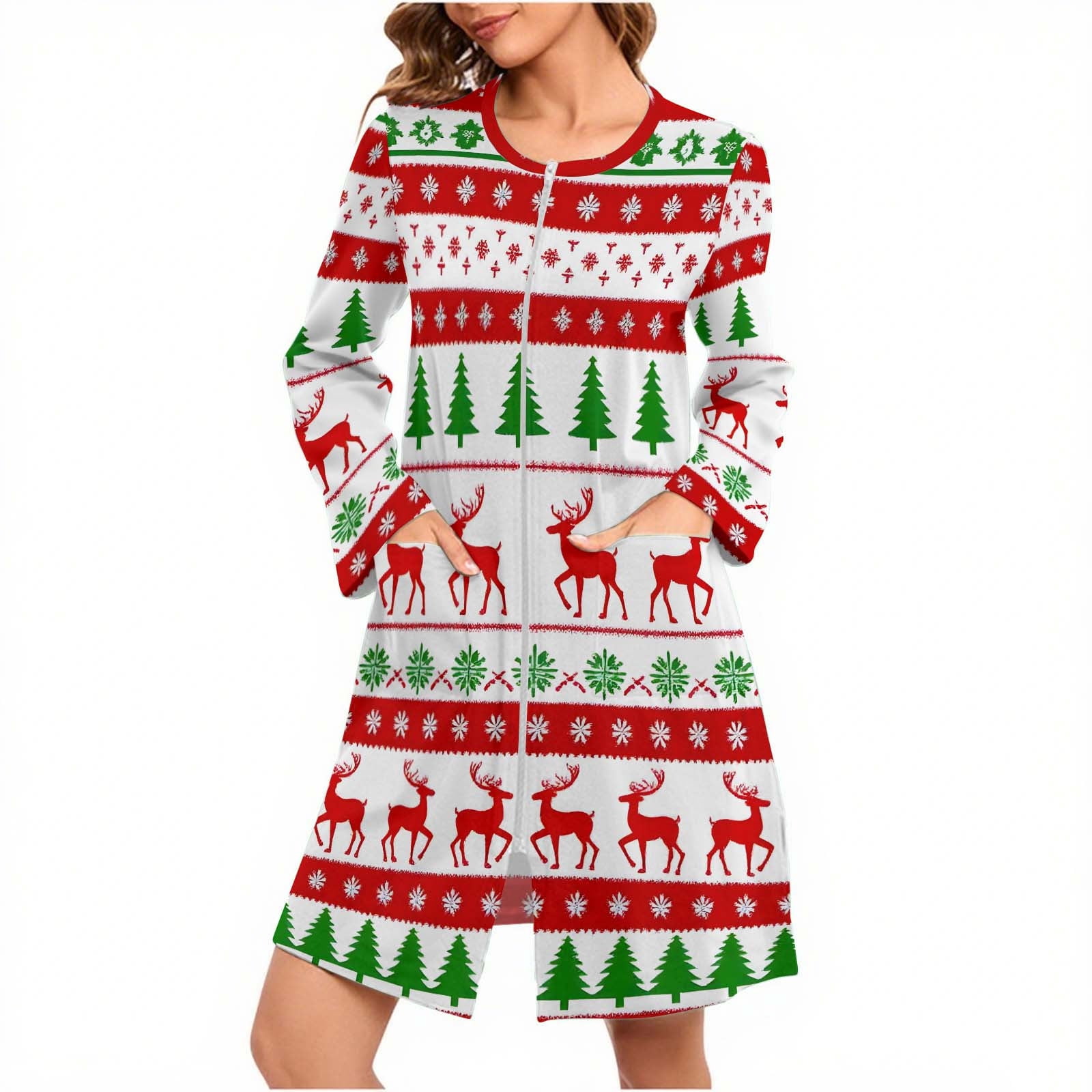 Christmas Robe Top Riecok Zip up Robe with Pockets Christmas Long Sleeve Loungewear Knee ...