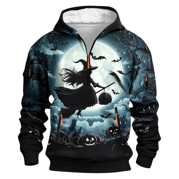 Riecok Zipper Sweaters for Men Pullover Halloween Printed Long Sleeve Tops with Pocket Stylish Hoodies Light Blue XS