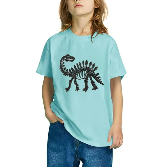 Riecok ween Girls Summer Short Sleeve Crew Neck Casual Dinosaur Print Comfortable Soft Fashion Undershirts Tee Shirt Top Kids Blouse Blue 4 T