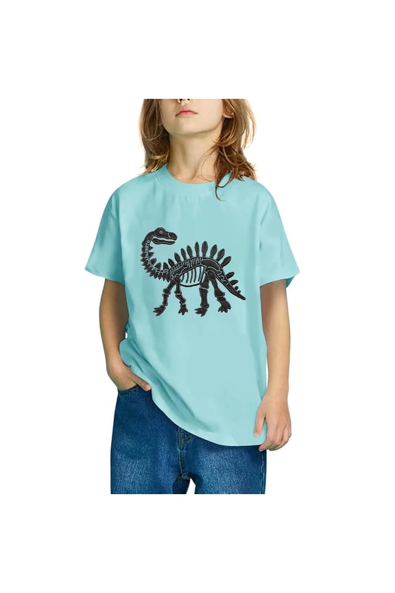 ween Girls Summer Short Sleeve Crew Neck Casual Dinosaur Print Comfortable Soft Fashion Undershirts Tee Shirt Top Kids Blouse Blue 5 T