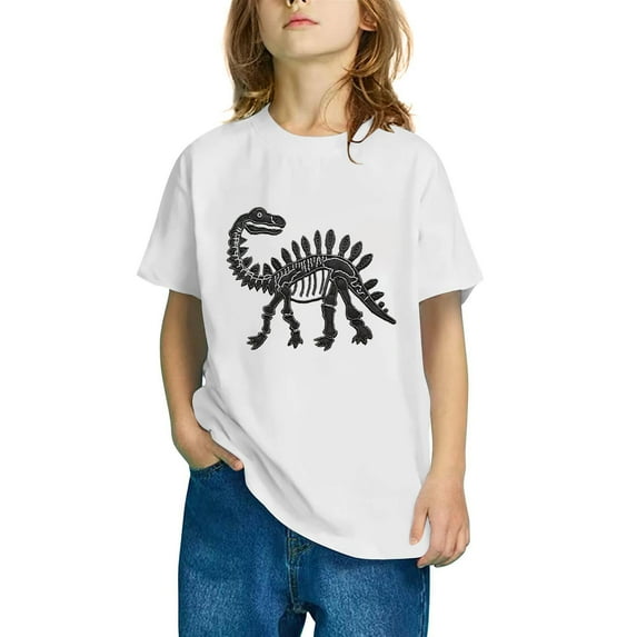 Riecok ween Girls Summer Short Sleeve Crew Neck Casual Dinosaur Print Comfortable Soft Fashion Undershirts Tee Shirt Top Kids Blouse White 7 T