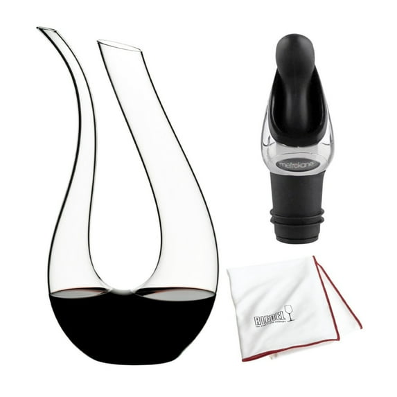 Riedel Amadeo Decanter (Clear) with Wine Pourer and Large Microfiber Polishing Cloth Bundle