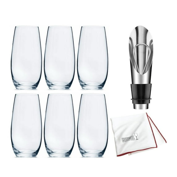 Riedel O Wine Tumbler Champagne (Set of 6) with Wine Pourer with Stopper and Polishing Cloth Bundle