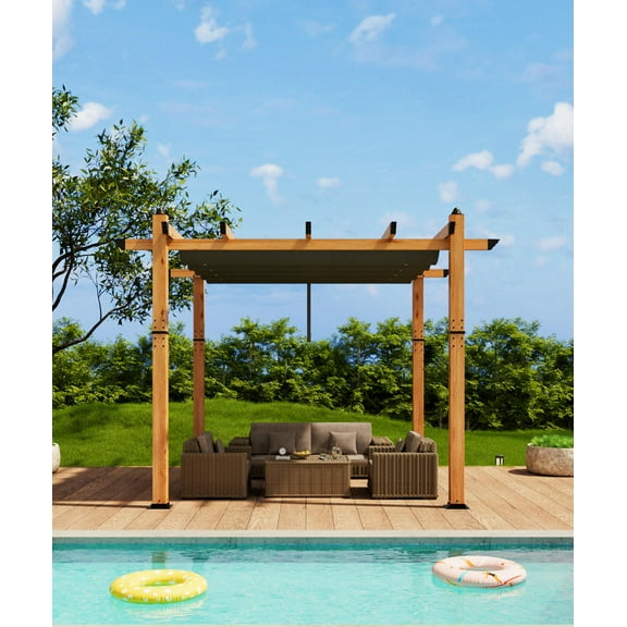 Riedhoff 10 x 10 Ft Wood-Grain Aluminum Outdoor Pergola with Retractable Canopy Sun Shade,Gray