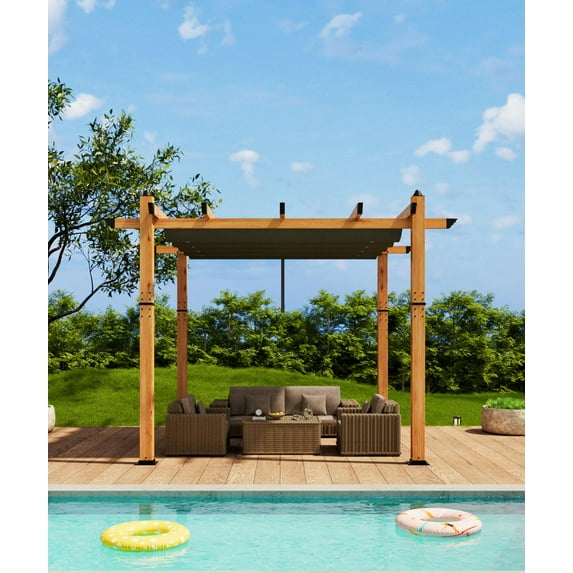 Riedhoff 10 x 10 Ft Wood-Grain Aluminum Outdoor Pergola with Retractable Canopy Sun Shade,Gray