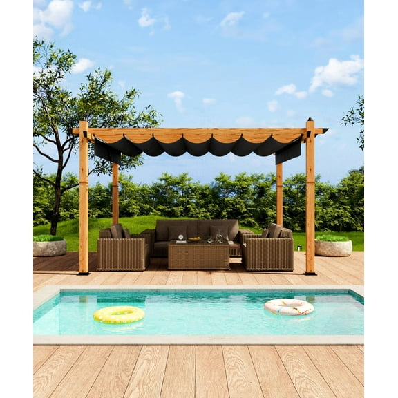 Riedhoff 10 x 13 Ft Wood-Grain Aluminum Outdoor Pergola with Retractable Canopy Sun Shade,Gray