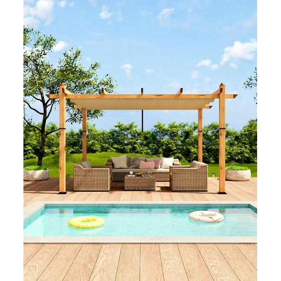 Riedhoff 10 x 13 Ft Wood-Grain Aluminum Outdoor Pergola with Retractable Canopy Sun Shade,Khaki