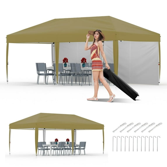 Riedhoff 10'x 20' Pop-up Canopy Tent with 2 Sidewalls,12 Stakes & 6 Sandbags,for Patio,Party,Khaki