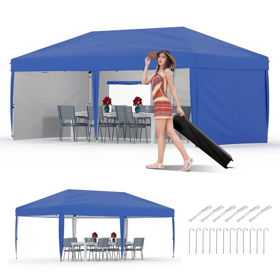 Riedhoff 10'x20' Pop-up Canopy Tent,210D Oxford Fabric with 4 Sidewalls,12 Stakes & 6 Sandbags,Blue