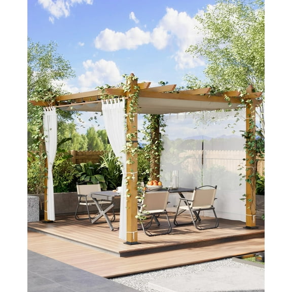 Riedhoff 10x10 ft Retractable Outdoor Patio Wood-Grain Aluminum Pergola with Canopy,Side Mesh,White