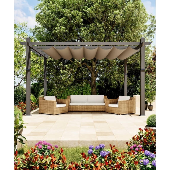 Riedhoff 10x13 Ft Aluminum Pergola, Outdoor Metal Pergola with Adjustable Canopy,Khaki