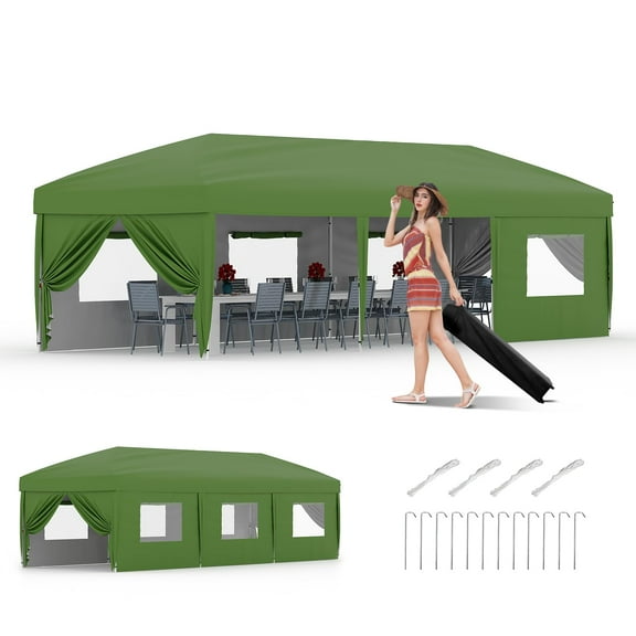 Riedhoff 10x30 ft Pop up Canopy Tent with 8 Sidewalls,Portable Roller Bag & Accessories,Green