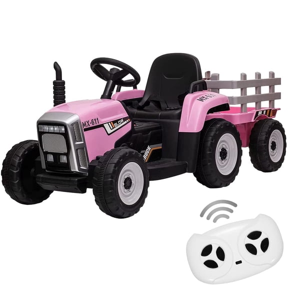 Goldensoil 12V Kids Ride-on Tractor with Trailer & Remote,3-Speed,5mph,LED Lights,MP3/USB,Pink