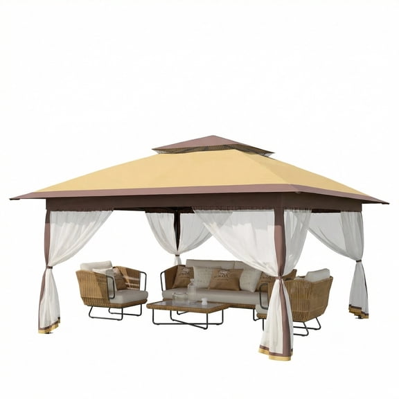 Riedhoff 13 x 13' Pop up Gazebo, Canopy Shelter with Mesh Netting, 4 Stanbags, Khaki