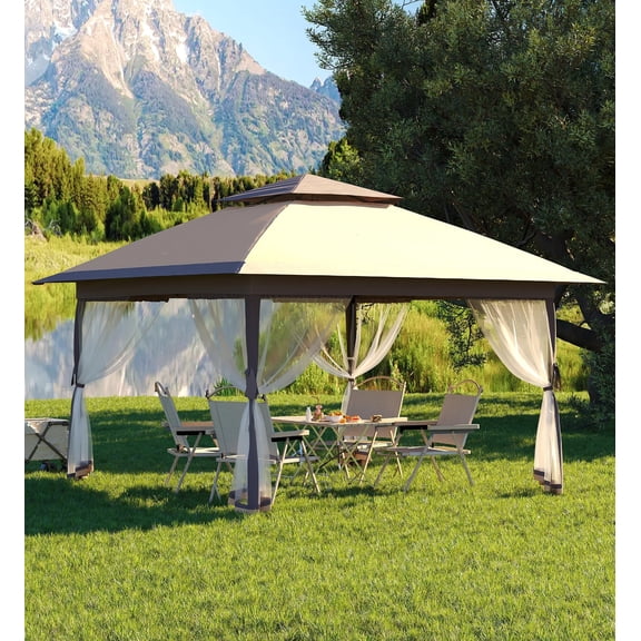 Goldensoil 13x13ft Pop up Gazebo with Mosquito Net & Double Roof for Patio Backyard Garden,Khaki