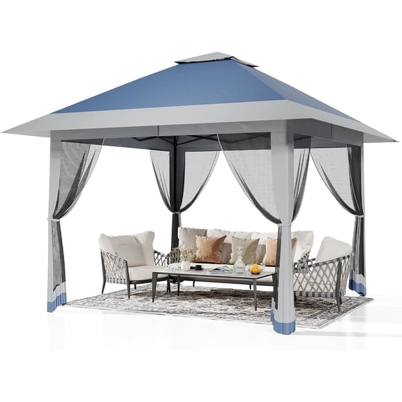 Goldensoil 13x13ft Pop up Gazebo with Mosquito Net & Double Roof for Patio Backyard Garden,Navy Blue
