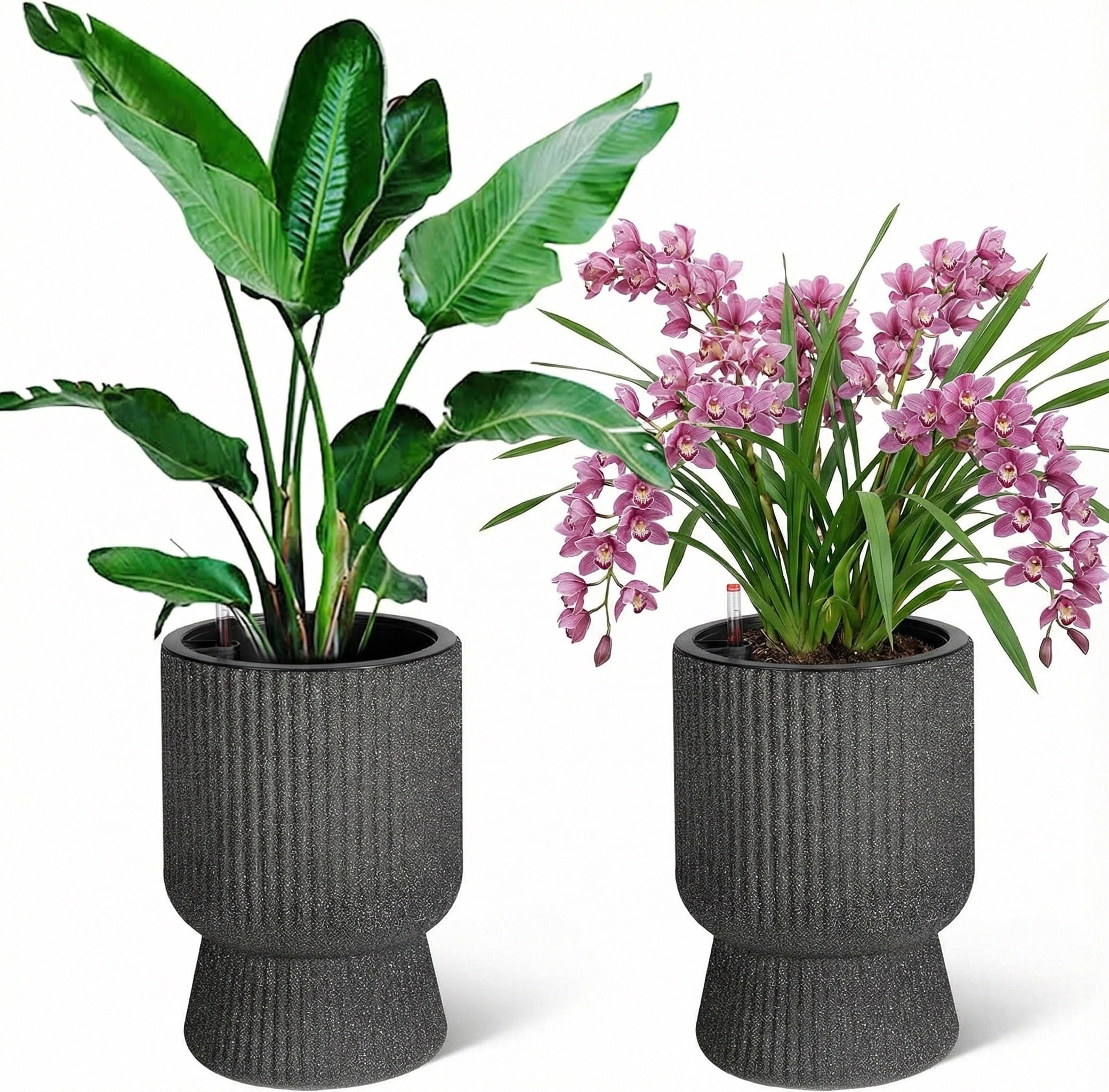 Riedhoff 14.2" Planters Pots Set of 2, with Inner Bucket & Water Level Monitor, Marble Black