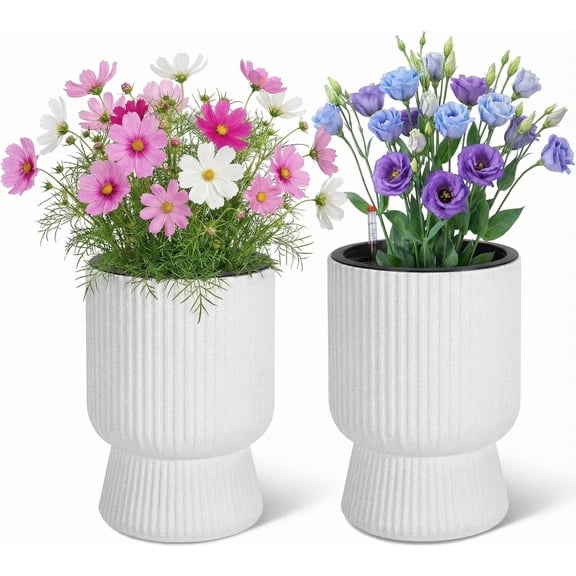 Riedhoff 14.2" Planters Pots Set of 2, with Inner Bucket & Water Level Monitor, White
