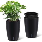 Riedhoff 15.7" Tall Round Planter Pots, Built-In Drainage, Self-Watering, 2 Count, Black