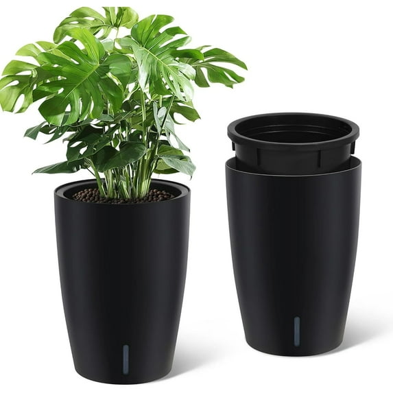 Riedhoff 15.7" Tall Round Planter Pots, Built-In Drainage, Self-Watering, 2 Count, Black