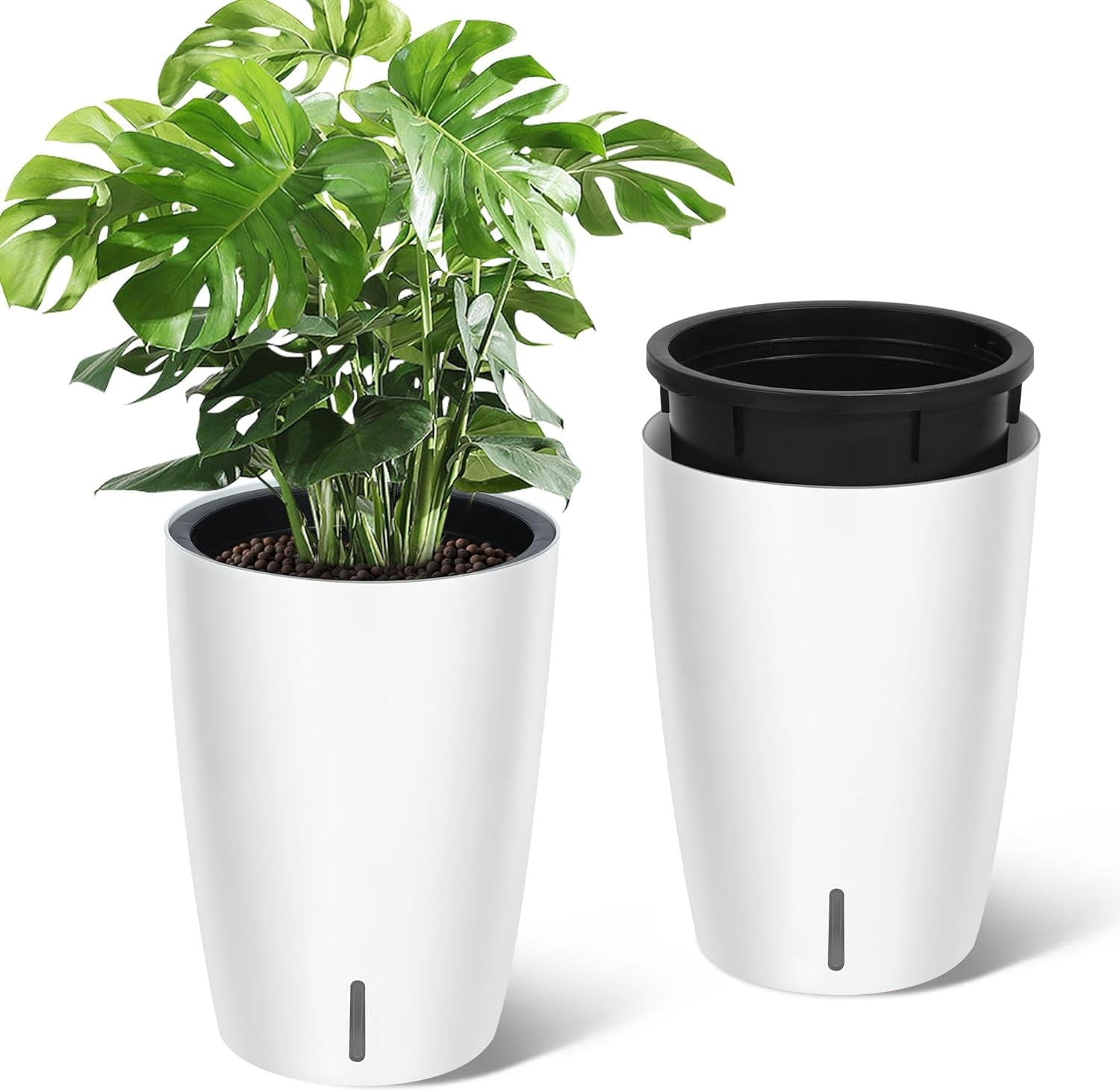 Riedhoff 15.7" Tall Round Planter Pots, Built-In Drainage, Self-Watering, 2 Count, White