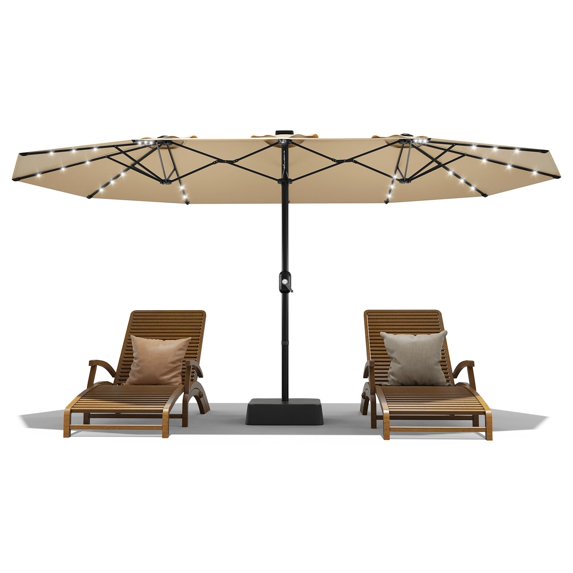 Riedhoff 15ft Large Patio Umbrella with Solar Lights and Cross Base for Deck Poolside Backyard,Beige