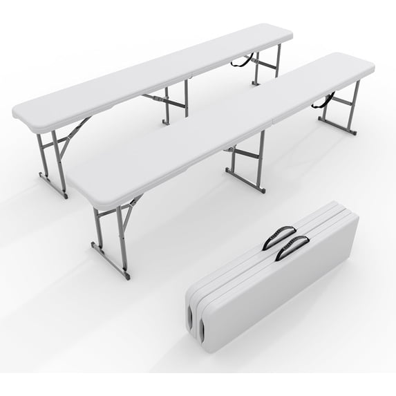 Riedhoff 6'x 0.91' Folding Outdoor Benches Set of 2 , Plastic & Metal Frame, Carrying Handle, White