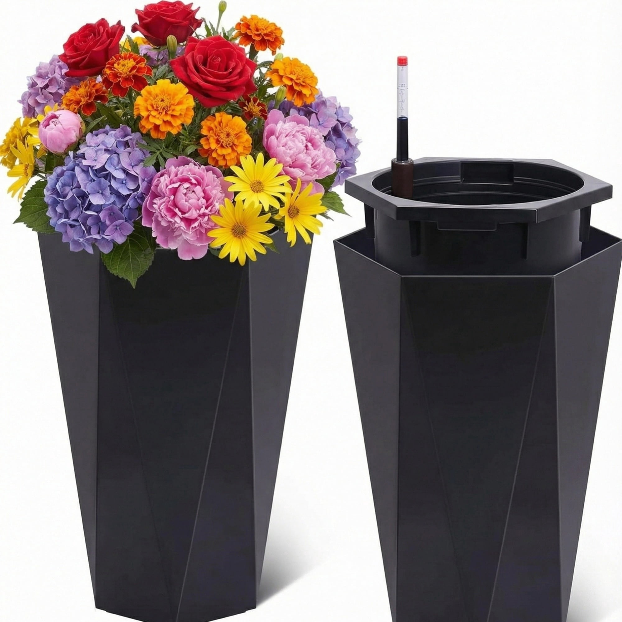 Riedhoff 22.5" Tall Planter Pots Set of 2, Self Watering with Water Level Monitor, Black