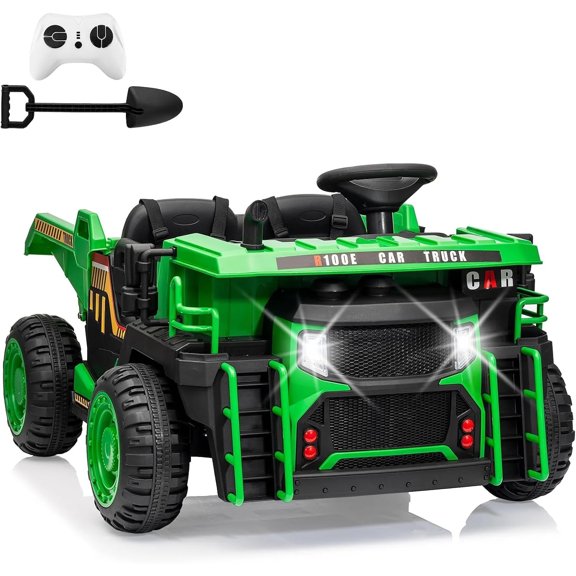 Riedhoff 24V 2-Seater Ride-on Dump Truck with Remote, Dump Bed, Shovel,3 Speeds & Music,Green