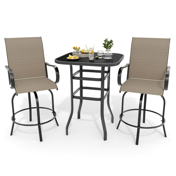 Riedhoff 3-Piece Patio Bar Set with 2 Swivel Chairs & Glass Table,All-Weather,Textile Fabric,Brown