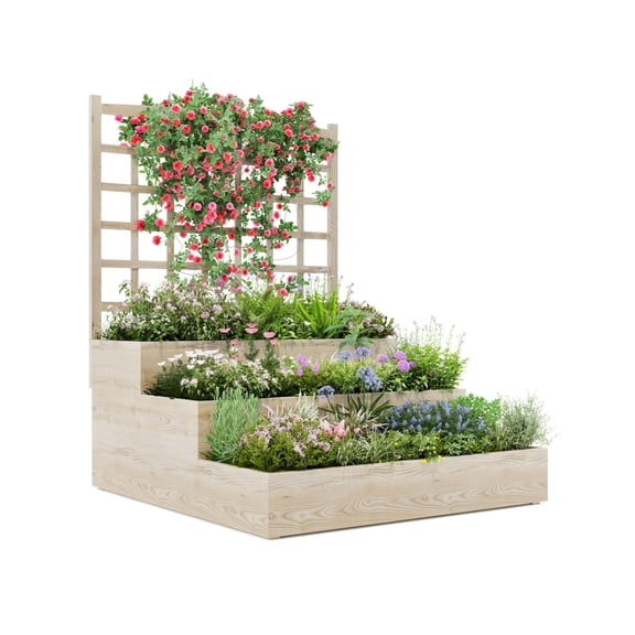 Goldensoil 3-Tier Wooden Raised Garden Bed with Trellis - Vertical Planter Box for Patio,Backyard