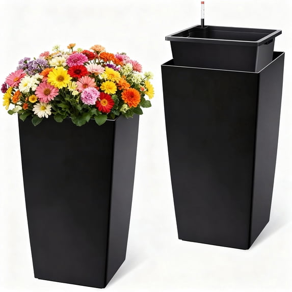 Riedhoff 30" Tall Rectangular Planter Pots with Water Level Monitor, Self-Watering, 2 Count, Black