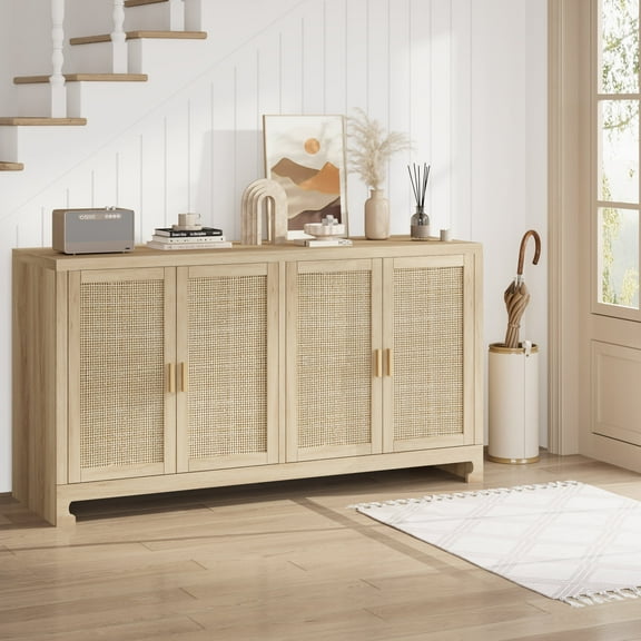 Riedhoff 4 Door Sideboard Buffet Cabinet, Storage Cabinet with Rattan, 61.42 x 15.75 x 31.5", Oak