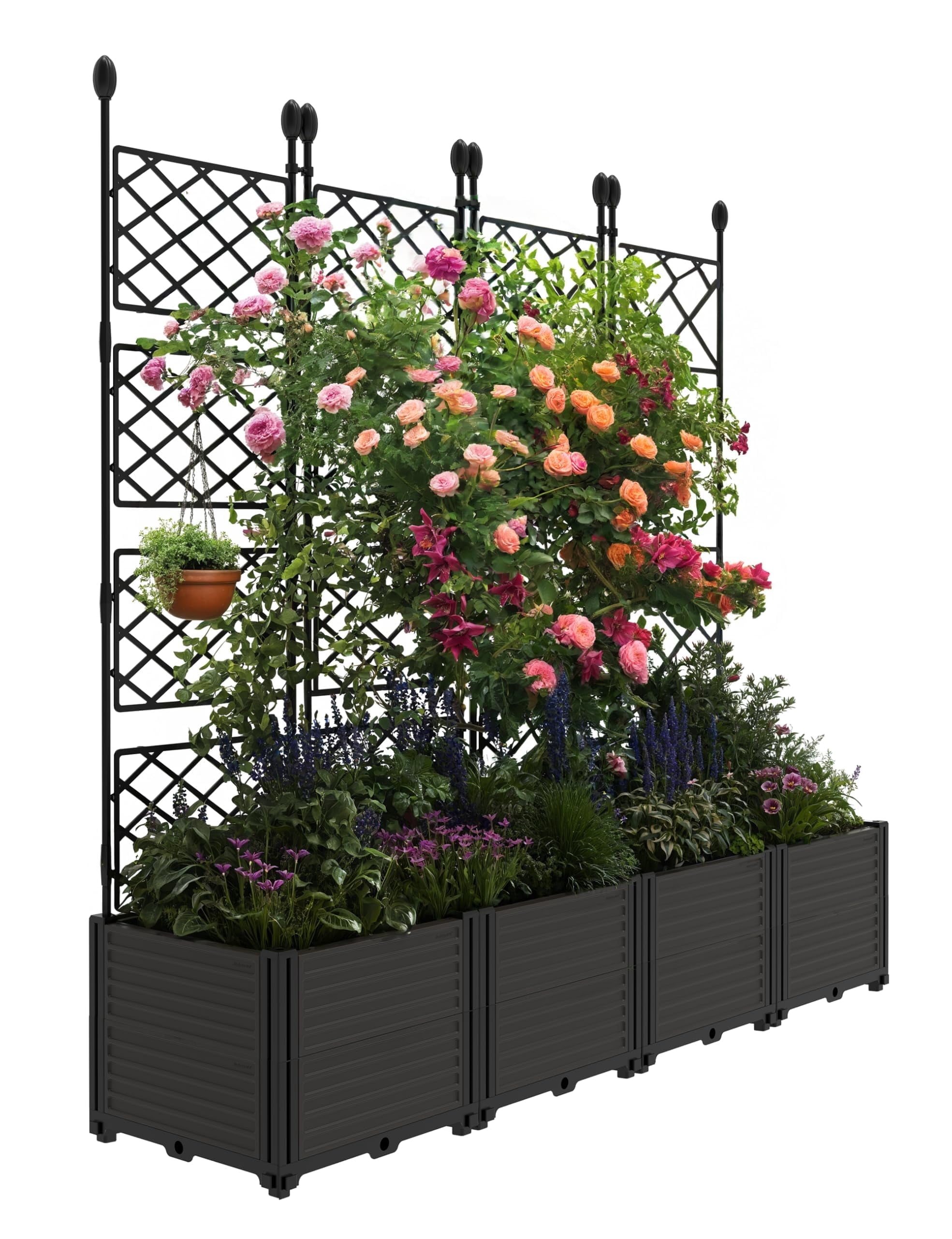 Goldensoil 4-Pack Raised Garden Bed with Trellis,Outdoor Plastic Planter Box for Climbing Plants