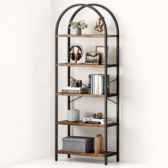 Goldensoil 5 Tier Bookcase, Arched Display Metal Frame, Modern Storage Rack Shelf, Black& Brown