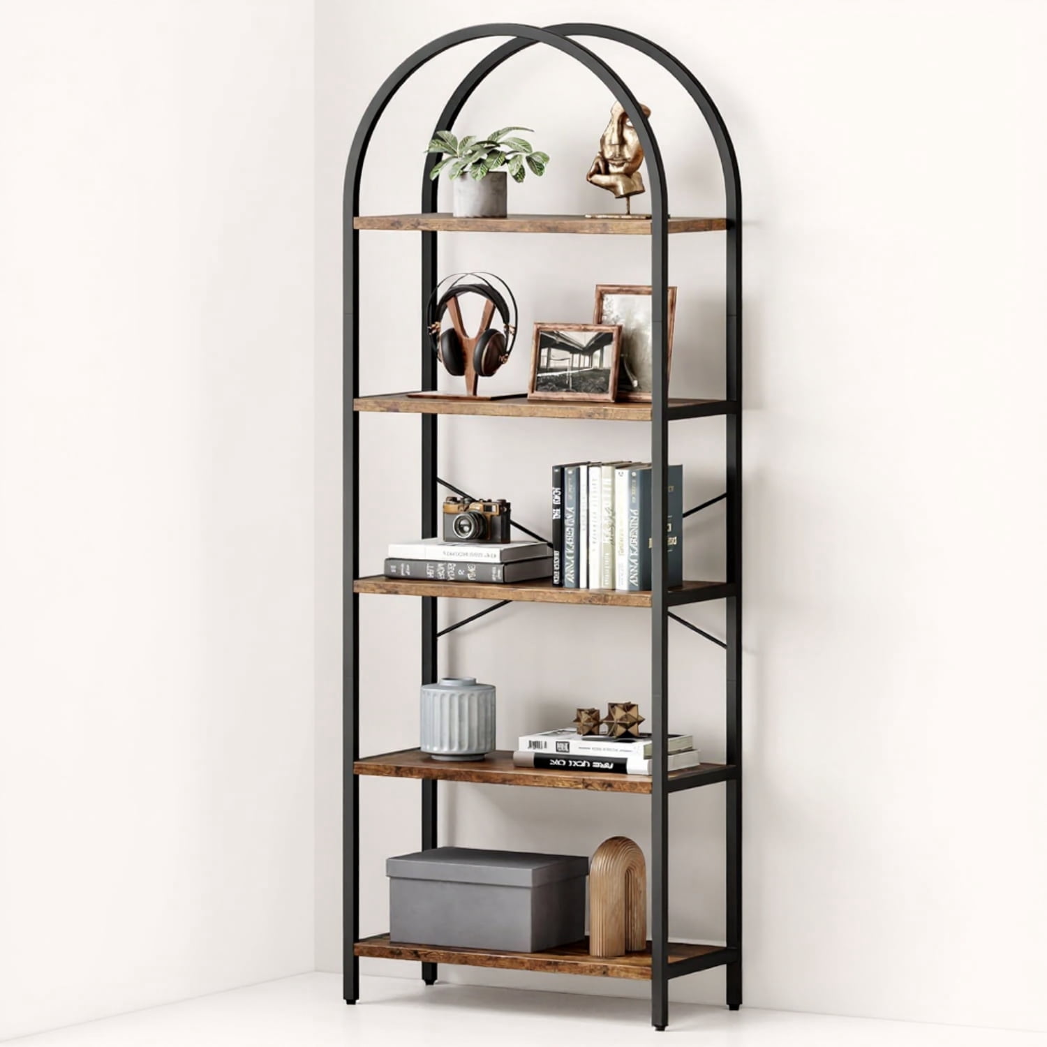 Riedhoff 5 Tier Bookcase, Arched Display Metal Frame, Modern Storage Rack Shelf, Black& Brown