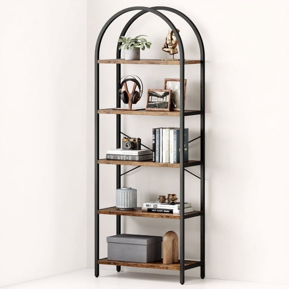 Riedhoff 5 Tier Bookcase, Arched Display Metal Frame, Modern Storage Rack Shelf, Black& Brown