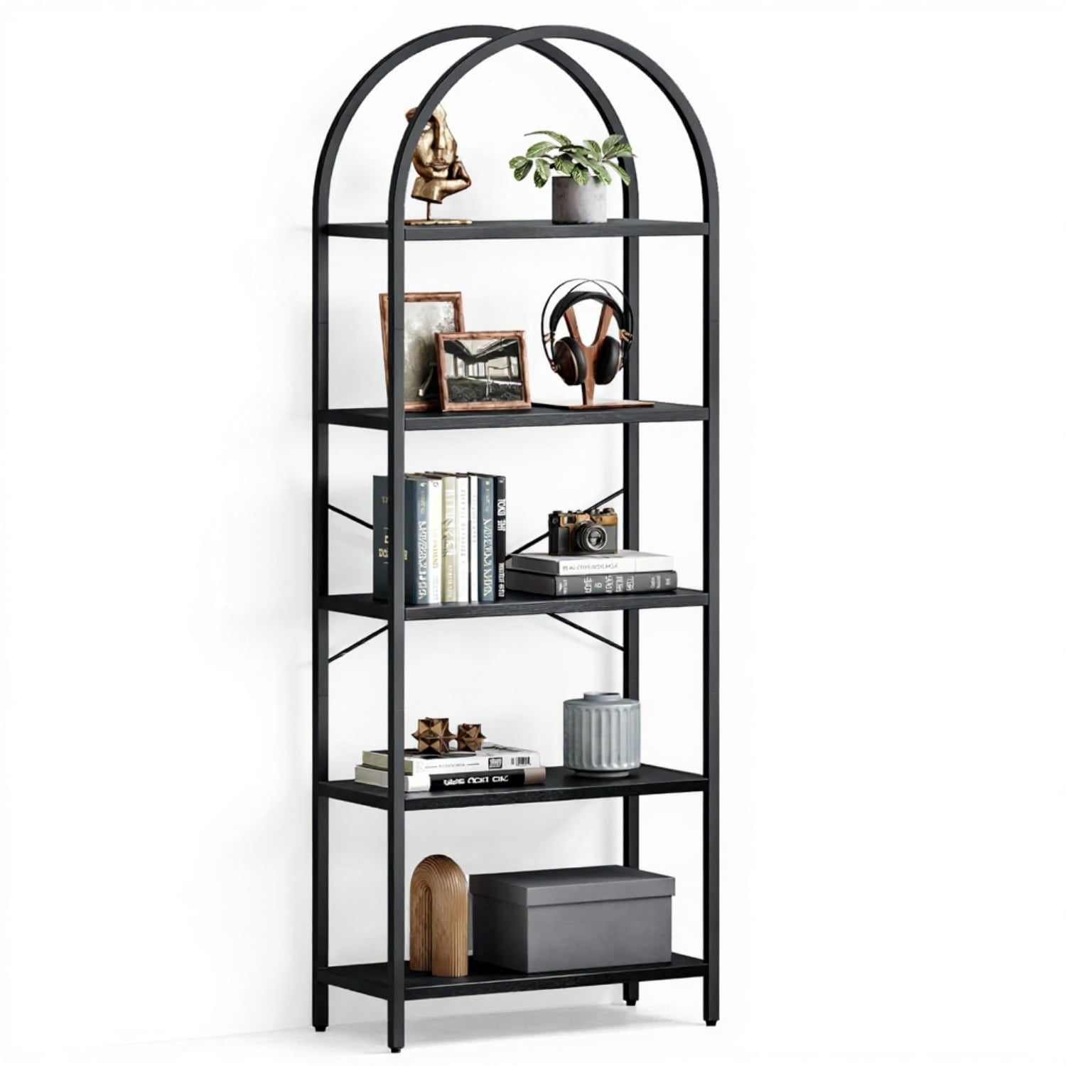Riedhoff 5 Tier Bookcase, Arched Display Rack, Metal Frame, Modern Storage Rack Shelf, Black