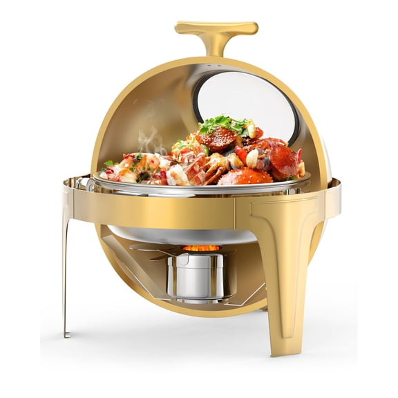 Goldensoil 6.3 QT Stainless Steel Round Roll Top Chafing Dish Buffet Set for Catering,Party Event,Gold