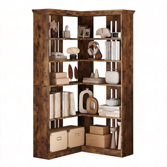 Goldensoil 72.8" Large Wood Bookcase, 5 Tier Corner Shelf, L Shaped, Retro Color