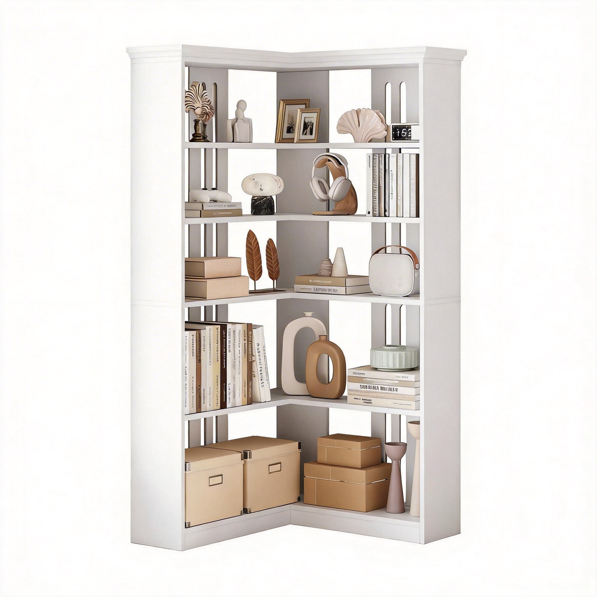 Riedhoff 72.8" Large Wood Bookcase, 5 Tier Corner Shelf, L Shaped, White