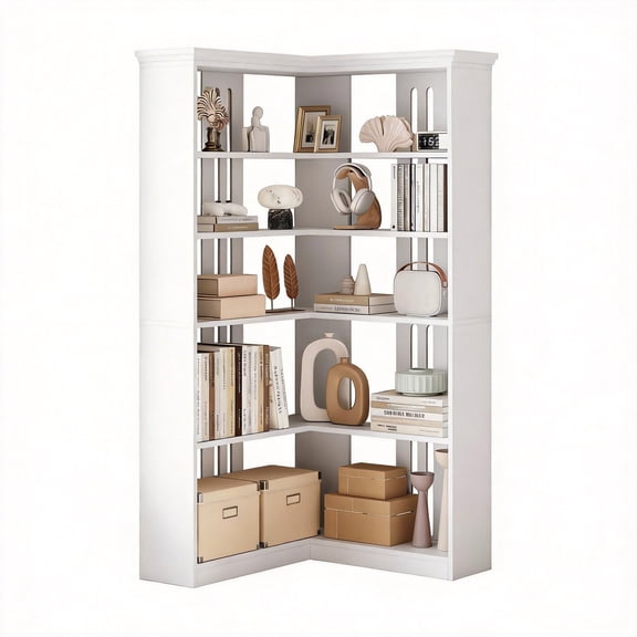 Riedhoff 72.8" Large Wood Bookcase, 5 Tier Corner Shelf, L Shaped, White