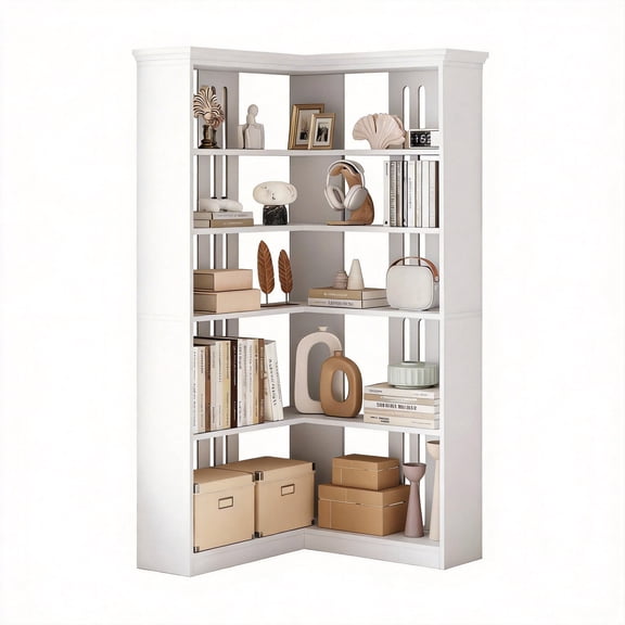 Goldensoil 72.8" Large Wood Bookcase, 5 Tier Corner Shelf, L Shaped, White
