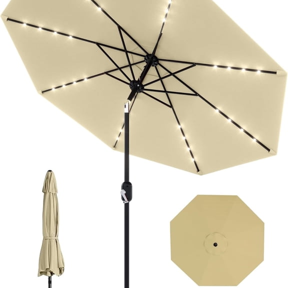 Riedhoff 9 feet Patio Umbrella with 32 LED Solar Lights, 8 Ribs, Tilt Crank, Beige