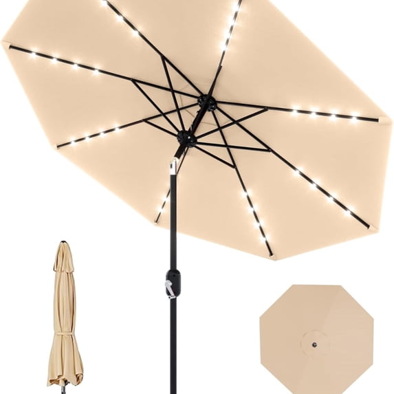 Riedhoff 9 feet Patio Umbrella with 32 LED Solar Lights, 8 Ribs, Tilt Crank, Tan