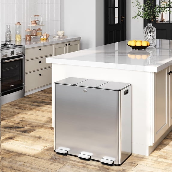 Goldensoil 90L/23.8 Gal Stainless Steel Three Compartments Pedal Kitchen Recycling Trash Bin with Lids