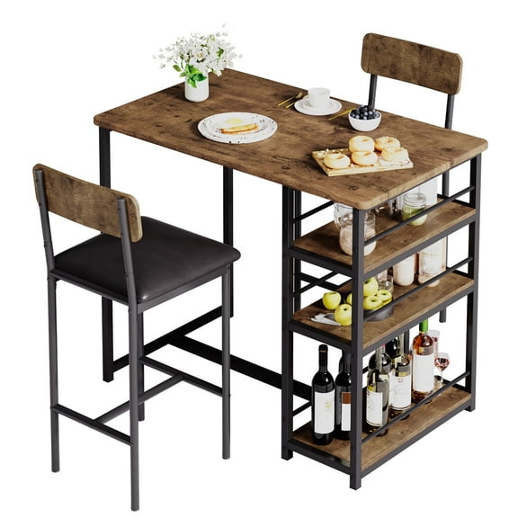 Goldensoil Dining Table Set for 2, Counter Height Kitchen Table and Chairs,  2 Bar Stools, Rustic Brown