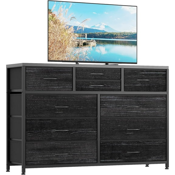 Riedhoff Dresser for Television Stand, for 55” TV, with 10 Drawers, Black Wood Grain